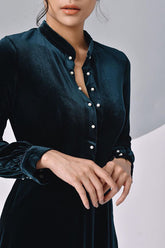 Button-down velvet midi dress with high collar and pearl trim for elegant everyday style